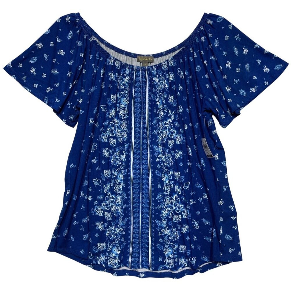 Style & Co Womens 1X Floral Off-Shoulder Knit Top Abyss Blue